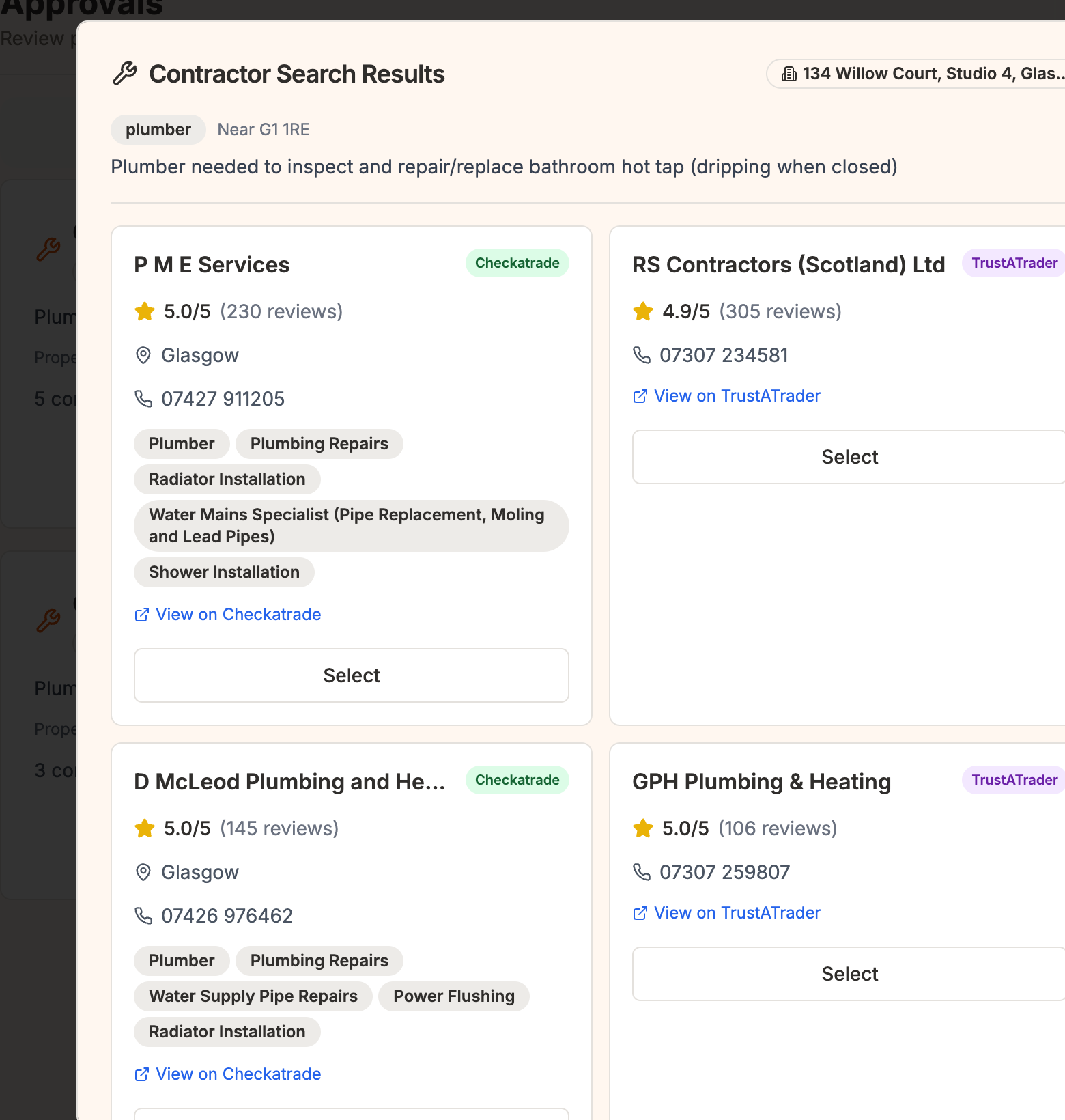 Contractor search results showing rated tradespeople from Checkatrade