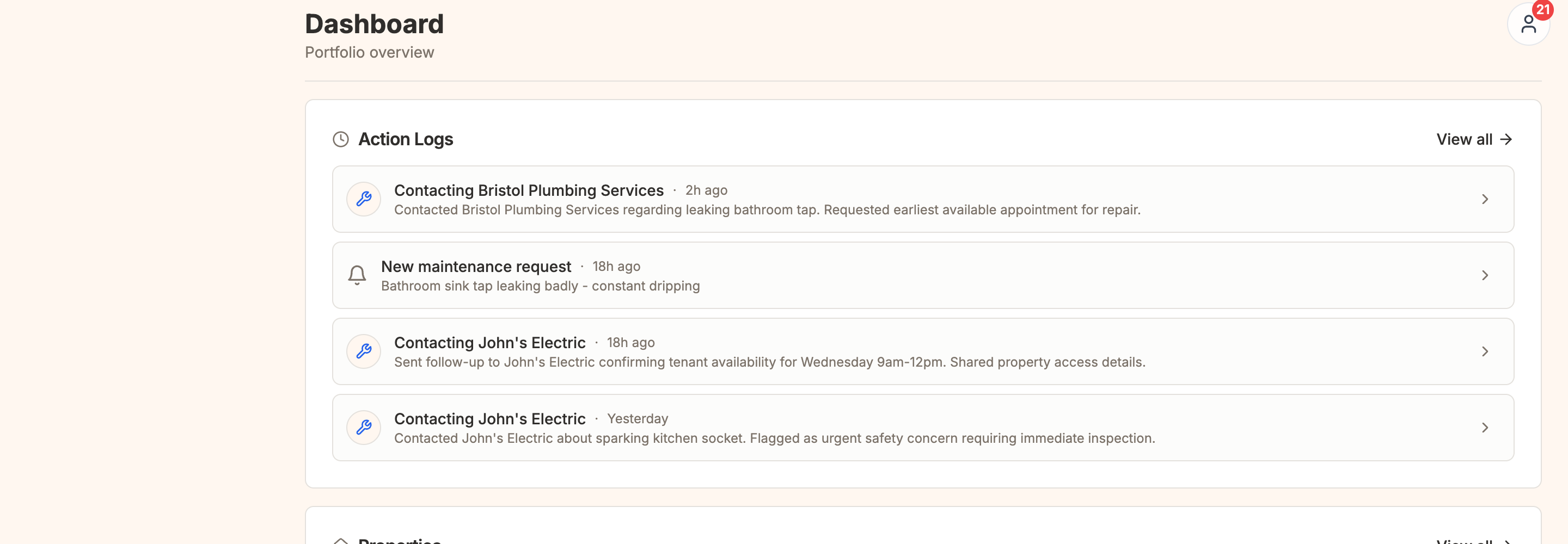 Dashboard showing action logs and property portfolio overview