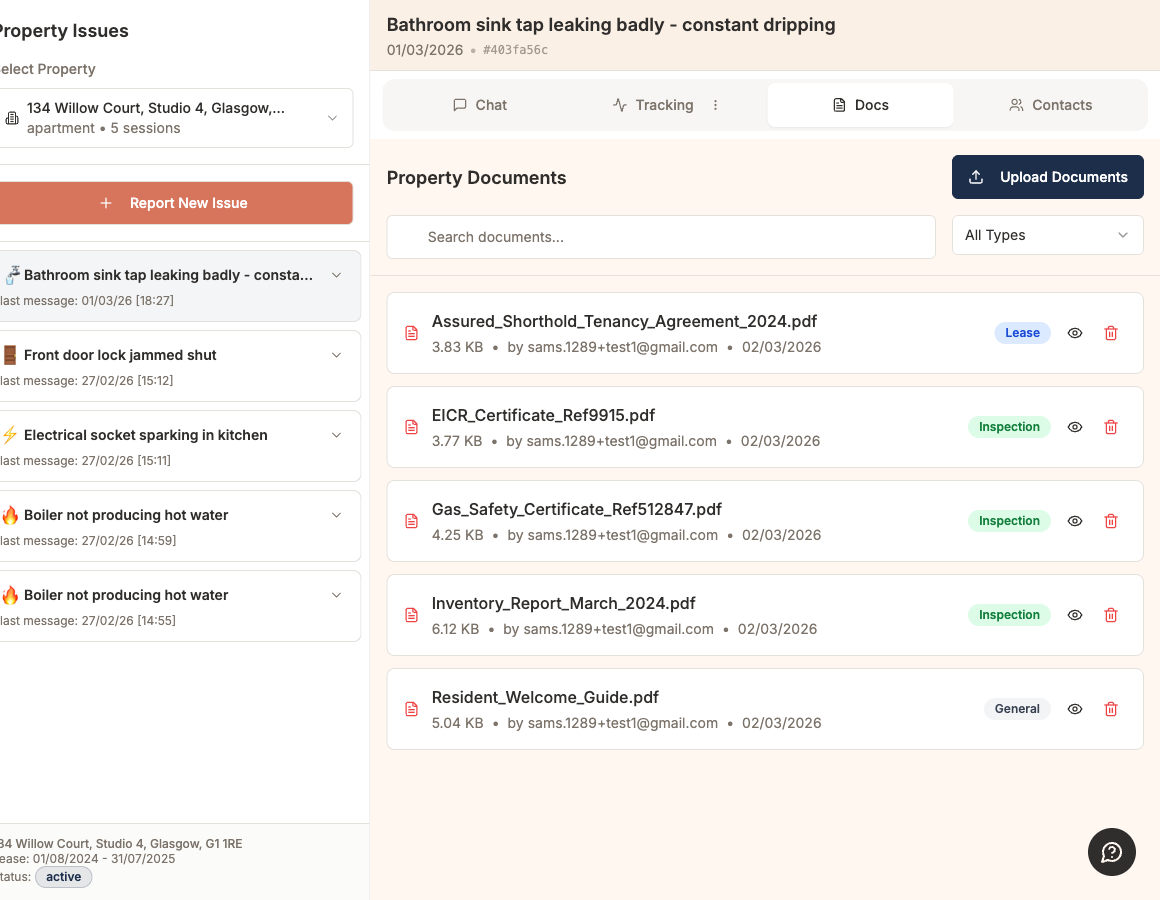 Document management with lease agreements linked to properties