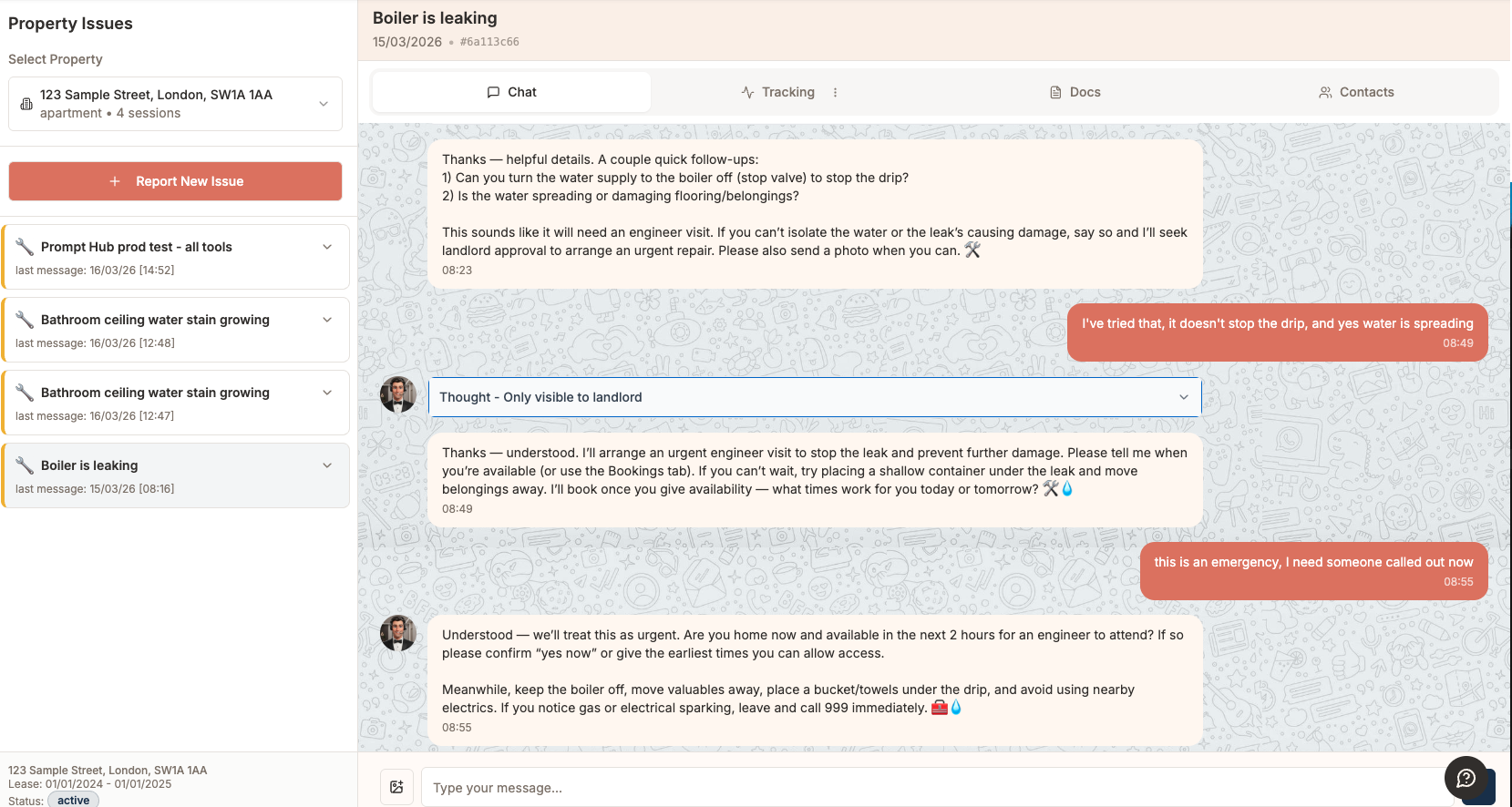 AI chat interface handling a tenant maintenance request